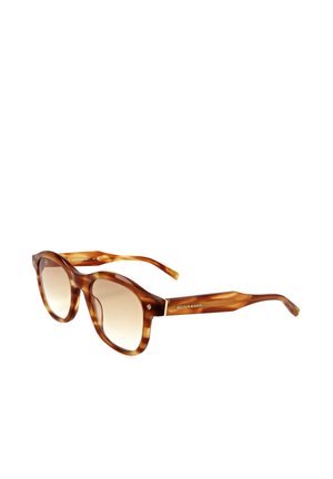 Occhiali da sole rotondi tartarugati marroni con lenti sfumate marroni e marchio "Scotch & Soda" sulle astine.