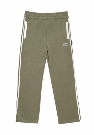 Green sweatpants with an elastic waistband, side pockets, and white stripes along the sides. Features printed text: "PROHIBITED SOCIAL CLUB."