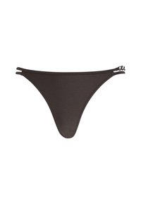 Mörkbruna bikiniunderdelar med en slät yta, låg midja och tunna sidostänger med metalliska accenter. Enkel, minimalistisk design.