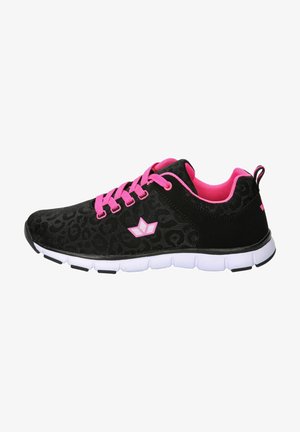 Black athletic shoes with a textured design, pink laces, and accents. Features a white sole with flex grooves for flexibility.