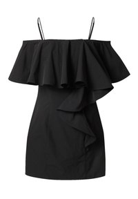 Schwarzes Off-Shoulder-Kleid mit gerafftem Oberteil und asymmetrischem Rüschendetail an der Vorderseite, mit dünnen Schulterträgern. Einfaches Design.