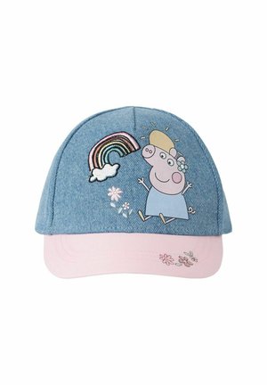 Gorra de denim con visera rosa, que presenta un personaje bordado con un diseño de sol y arcoíris, además de acentos florales a lo largo del borde.