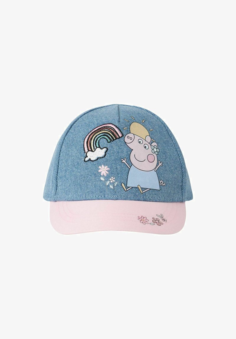 Denimlippu, jossa on vaaleanpunainen lippa, ja jossa on brodeerattu hahmo, jossa on auringon ja sateenkaaren kuvio sekä kukkakoristeet reunalla.