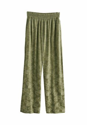 Lichtgroene wijde broek van zacht materiaal, met een bloemendessin en een elastische tailleband voor een comfortabele pasvorm.