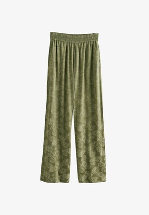Svetlozelené nohavice s širokými nohavicami, vyrobené z mäkkého materiálu, s kvetinovým vzorom a elastickým pásom pre pohodlné nosenie.