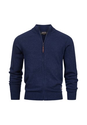 Sweat à zip bleu marine en tissu tricoté, doté d'un col montant, de poignets côtelés et d'une languette en cuir sur la fermeture éclair.