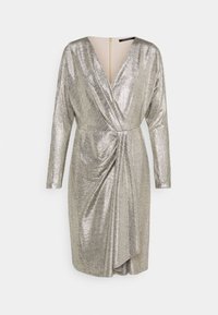 Shiny silver dress with long sleeves, V-neckline, and draped detailing at the waist. Back zipper closure. Smooth, metallic texture.
