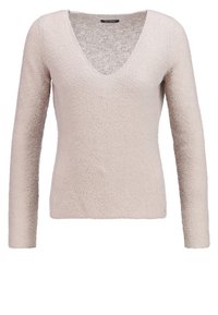 Pull beige à manches longues en maille avec col en V et texture douce, présenté sur fond blanc.