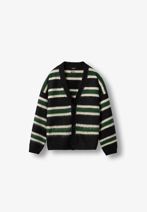 Cardigan noir avec un motif rayé vert et blanc. Fabriqué dans un matériau doux, avec un décolleté en V profond, un bouton de fermeture et des manches longues.