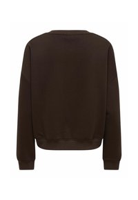 Bruine sweatshirt met een ronde halslijn, drop shoulders en een ribgebreide zoom en boorden. Gemaakt van zacht materiaal, het heeft een effen achterkant.