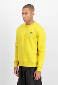 Gul sweatshirt laget av bomull, med rund hals, ribbestrikkede mansjetter og en liten grønn logo på brystet. Jevn tekstur.