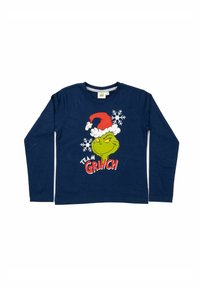 Maglietta a maniche lunghe blu marino con una grafica del Grinch verde che indossa un cappello di Babbo Natale rosso e fiocchi di neve bianchi; testo "TEAM GRINCH" in rosso bold.