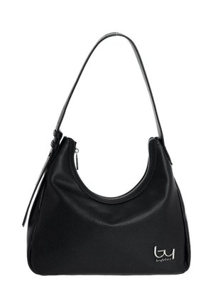 Borsa a tracolla in pelle nera con chiusura a zip curva sulla parte superiore, tracolla singola e piccolo logo "byblos" in argento sul davanti in basso a destra.