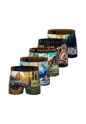 Ensemble de boxers avec des impressions graphiques. Les matériaux incluent du coton ; les couleurs sont noir, vert, orange, bleu et des motifs multicolores.