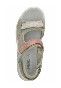 Sandalo in velcro beige, rosa e teal in suede con morbida fodera interna, punta arrotondata e suoletta testurizzata e imbottita.