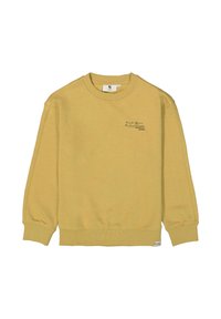 Sudadera amarilla hecha de una mezcla de algodón, con mangas largas, puños y dobladillo de canalé, y un sutil texto bordado en el frente.