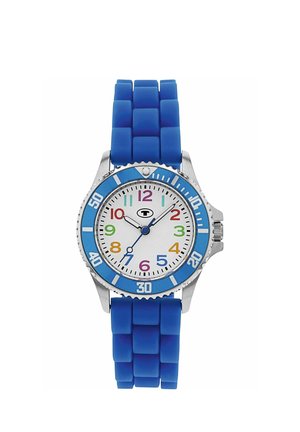 Kinder-Analog-Uhr mit mehrfarbigen Zahlen, blauem drehbarem Lünettenring mit Zehner-Markierungen und blauem segmentiertem Silikonarmband.