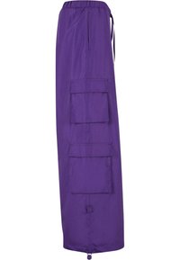 Purpurfarbene, lange Cargo-Hosen mit einem elastischen Bund, die drei große Fronttaschen und einen Kordelzugversteller am Saum für eine optimale Passform bieten.