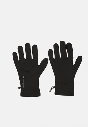 Guanti neri realizzati in materiale elasticizzato con un design aderente. Tra le caratteristiche ci sono aperture per le dita, una texture liscia e una fascia per facilitare l'indosso.