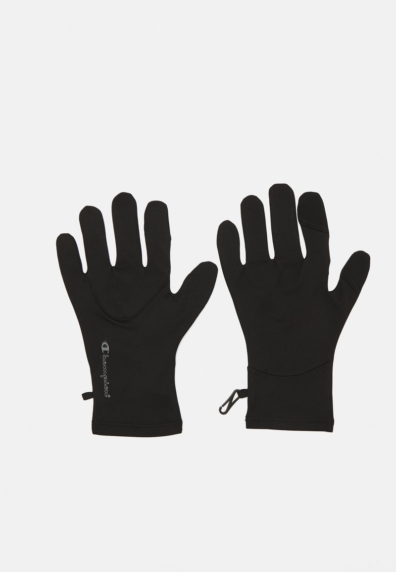 Guanti neri realizzati in materiale elasticizzato con un design aderente. Tra le caratteristiche ci sono aperture per le dita, una texture liscia e una fascia per facilitare l'indosso.