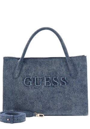 Denim shopper met dubbele handvatten en afneembare schouderriem, geperst "GUESS" logo op het voorpaneel.