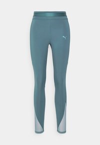 Turkosa träningsleggings med en slät textur, hög midja och nätpaneler på sidorna. Har en liten logotyp i ljusblått.