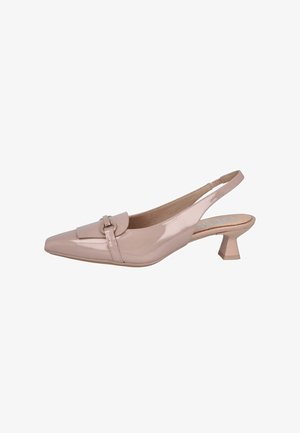 Tacones slingback en piel sintética de color rosa claro. Diseño de punta afilada con un acento de lazo y un tacón bajo y cuadrado para mayor estabilidad.