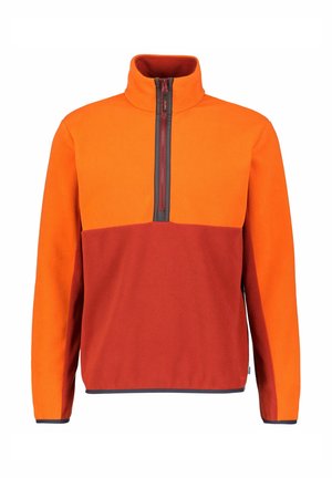 Fleece pullover with a quarter zip. Orange upper section and maroon lower section. Features a high collar and navy trim around the hem and sleeves.