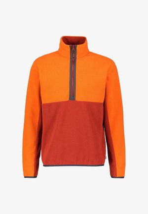 Fleece-Pullover mit einem Viertelreißverschluss. Oberer Bereich in Orange und unterer Bereich in Kastanienbraun. Mit hohem Kragen und navyblauer Einfassung am Saum und an den Ärmeln.