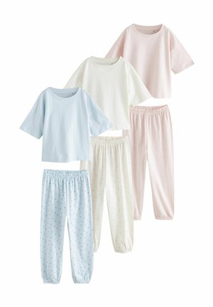 Set di cinque pezzi di abbigliamento da casa: magliette a maniche corte in azzurro chiaro, bianco e rosa; pantaloni azzurri chiari, bianchi e rosa con piccoli motivi.