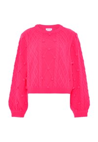 Knallpinker, kurz geschnittener Pullover mit strukturiertem Zopfmuster, Pom-Pom-Akzenten und gerippten Bündchen und Saum. Weiches Garnmaterial.