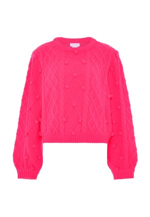 Ciepły różowy sweter cropped z teksturowanym wzorem w warkocze, akcentami pomponów oraz ściągaczami na mankietach i dolnym wykończeniu. Wykonany z miękkiej włóczki.