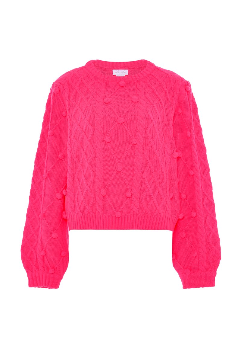Knallpinker, kurz geschnittener Pullover mit strukturiertem Zopfmuster, Pom-Pom-Akzenten und gerippten Bündchen und Saum. Weiches Garnmaterial.