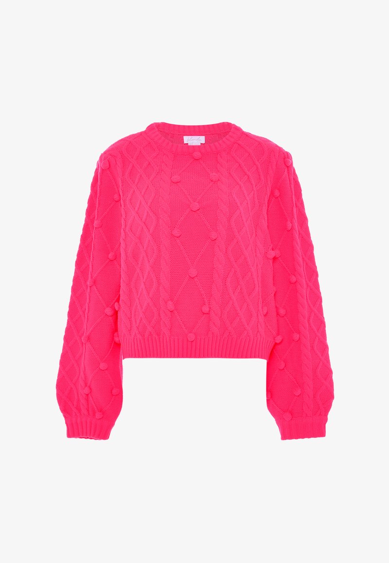 Knallpinker, kurz geschnittener Pullover mit strukturiertem Zopfmuster, Pom-Pom-Akzenten und gerippten Bündchen und Saum. Weiches Garnmaterial.