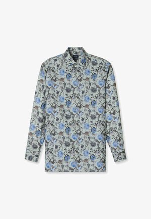 Langarmshirt aus leicht grünem Stoff mit floralem Muster in Blau, Braun und Grau. Verfügt über einen klassischen Kragen und eine durchgehende Knopfleiste.