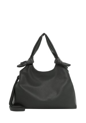 Sac à main en cuir noir avec une finition texturée, présentant une forme arrondie et deux poignées nouées. Comprend une bandoulière amovible.