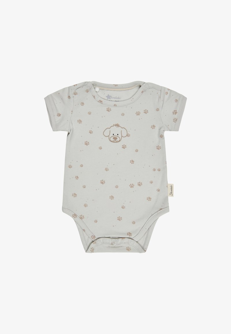 Light beige baby bodysuit with short sleeves, scattered paw prints, and a simple puppy face illustration on the chest.