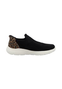 Black slip-on sneaker with a textured knit upper and a leopard print accent at the heel. Features a white rubber sole for grip.