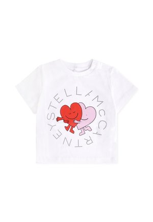 Witte katoenen t-shirt met een grafisch rood en roze hart met lachende gezichten, omringd door de merknaam in stippenletters.