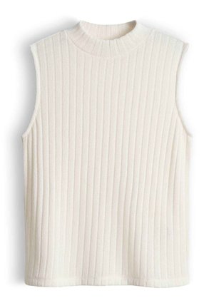 Top senza maniche in maglia a costine color avorio con collo alla coreana e righe verticali in rilievo, progettato per un look casual.