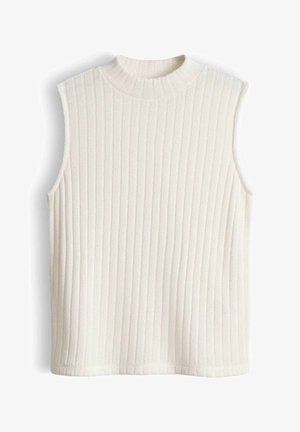 Top senza maniche in maglia a costine color avorio con collo alla coreana e righe verticali in rilievo, progettato per un look casual.