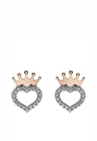 Hjärtförsedda örhängen med silverfinish, prydda med en roséguldskrona och omgiven av klara, glittrande stenar.