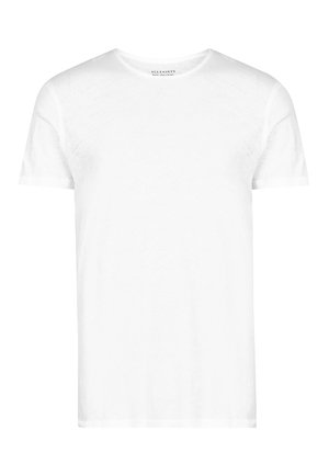 Weißes T-Shirt aus leichtem Baumwollstoff, mit klassischem Rundhalsausschnitt, kurzen Ärmeln und einem leicht strukturierten Gewebe. Keine Logos oder Muster.