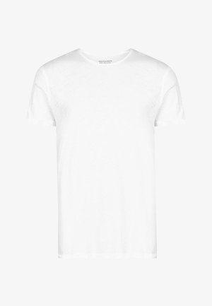 Biała koszulka z lekkiej bawełny, z klasycznym okrągłym dekoltem, krótkimi rękawami i lekko teksturowanym materiałem. Bez logotypów ani wzorów.