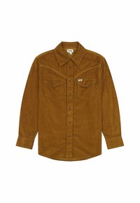Chemise en velours côtelé marron à manches longues, avec un empiècement de style western, deux poches poitrine, des pressions et une petite étiquette de marque sur la poche gauche.