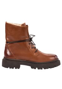 Botas de tobillo de cuero marrón con un acabado suave, diseño de cordones, puntera redonda y suela de goma texturizada. Interior forrado para mayor calidez.