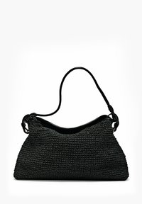 Borsa a tracolla tessuta nera con un esterno testurizzato, un interno nero liscio e una singola tracolla regolabile attaccata di lato.