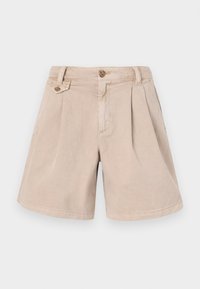 Shorts en coton beige avec un design plissé, dotés de deux poches avant, d'une coupe droite et d'une fermeture à un bouton à la taille.