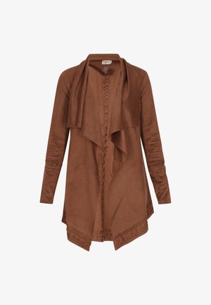 Brun langærmet cardigan lavet af blødt ruskindslignende materiale. Har draperet front, dekorativ syning og knaplukning.