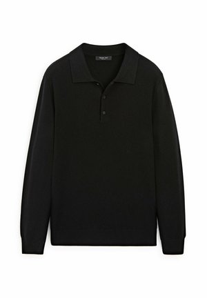 Polo a maniche lunghe nera realizzata in materiale morbido, con colletto classico, patta con due bottoni e polsini a coste.
